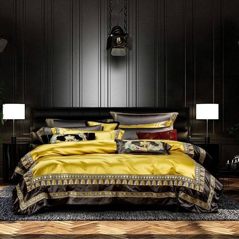 Egyptian Cotton Luxury Satin Jacquard Bedding Set - Golden Embroidery and Elegance