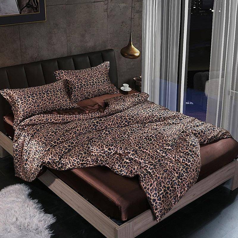Leopard Silky Satin Duvet Cover Comforter 4Pcs Bedding Set
