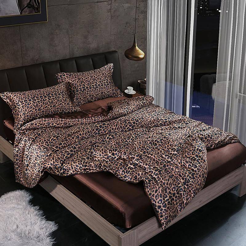 Leopard Silky Satin Duvet Cover Comforter 4Pcs Bedding Set
