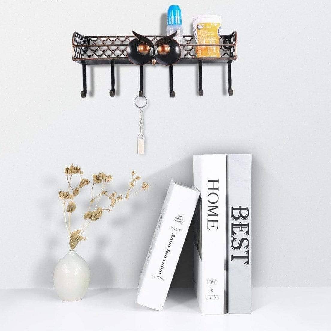 Owl Key Holder Hook Wall Shelf - Whimsical Decor