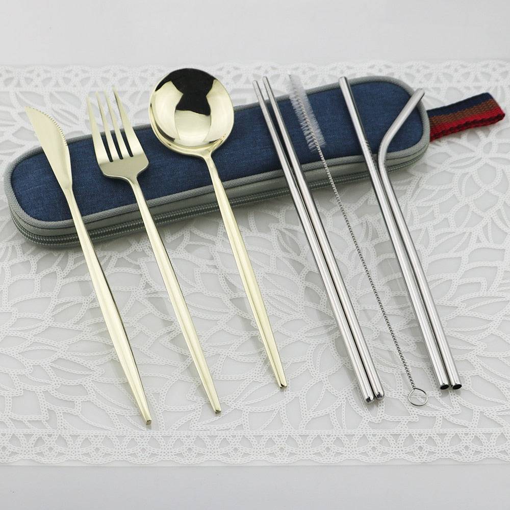 Portable Shiny Gold Travel Cutlery Set - Personalized Flatware