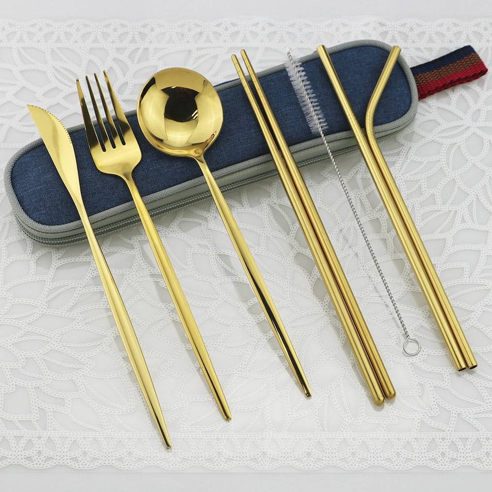 Portable Shiny Gold Travel Cutlery Set - Personalized Flatware