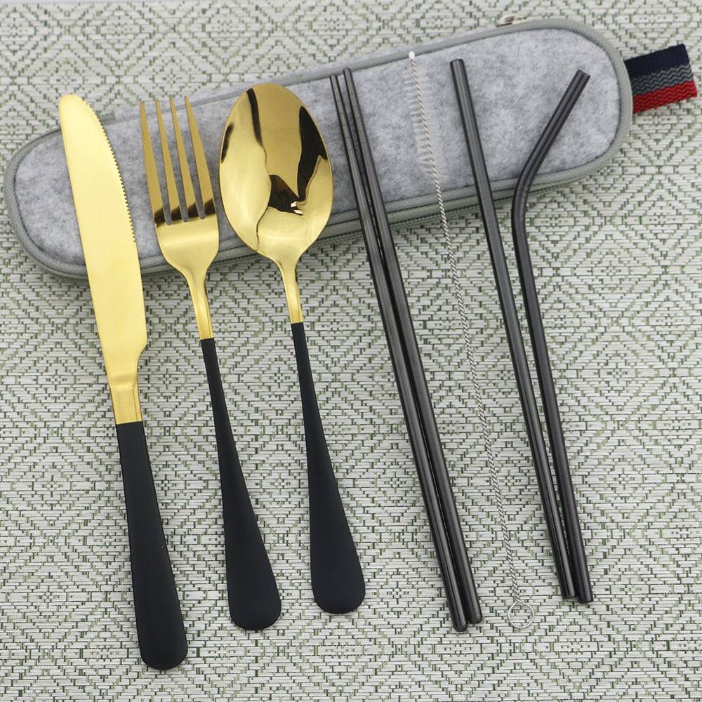 Portable Shiny Gold Travel Cutlery Set - Personalized Flatware