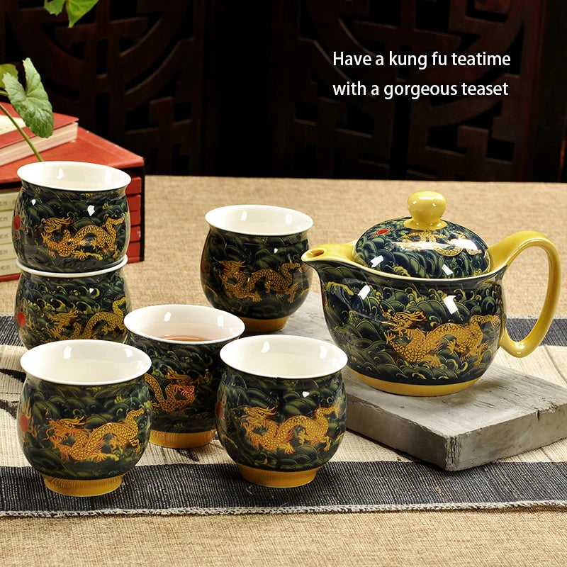 Dragon's Majesty: Chinese Porcelain Kung Fu Tea Cup & Tea Pot Set