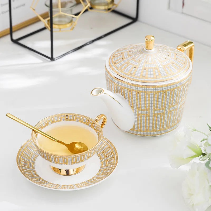 Golden Splendor: Royal Golden Mosaic Ceramic Tea Cup Set