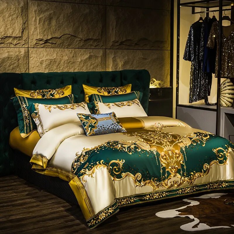 Luxurious Majesty: Gold and Green Satin Embroidery Patchwork Bedding Set
