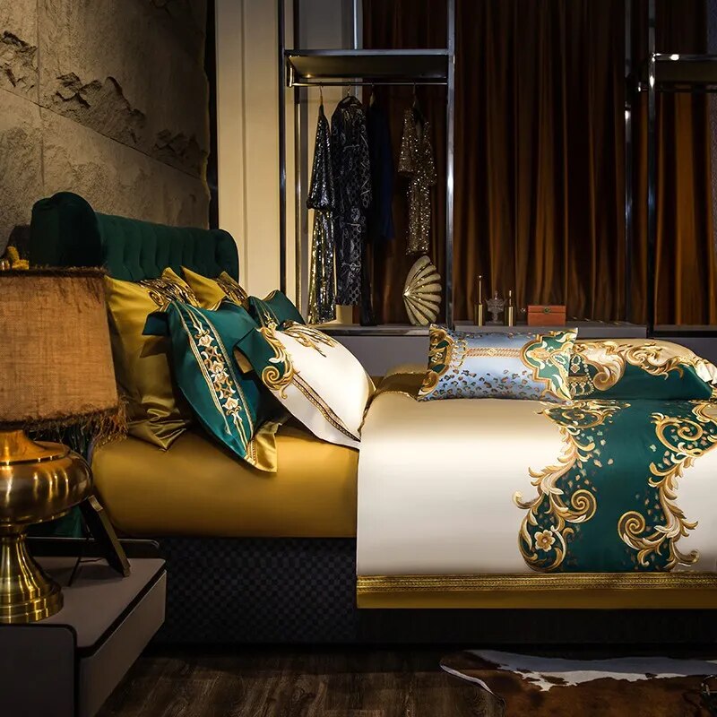 Luxurious Majesty: Gold and Green Satin Embroidery Patchwork Bedding Set