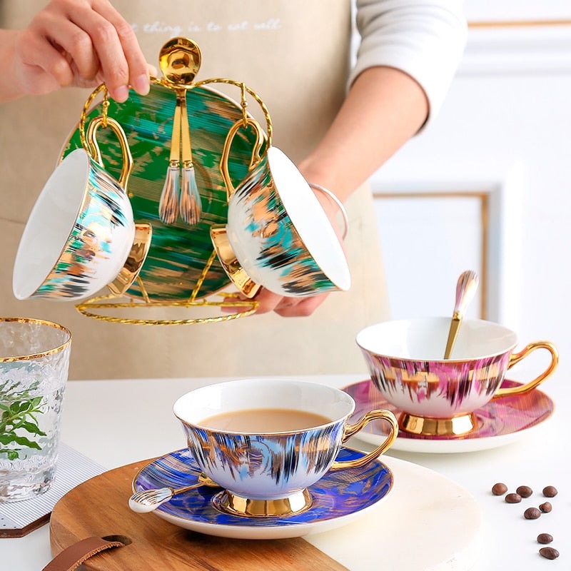 Magic of Aurora - Bone China Ceramic Coffee Cup Saucer Spoon Set