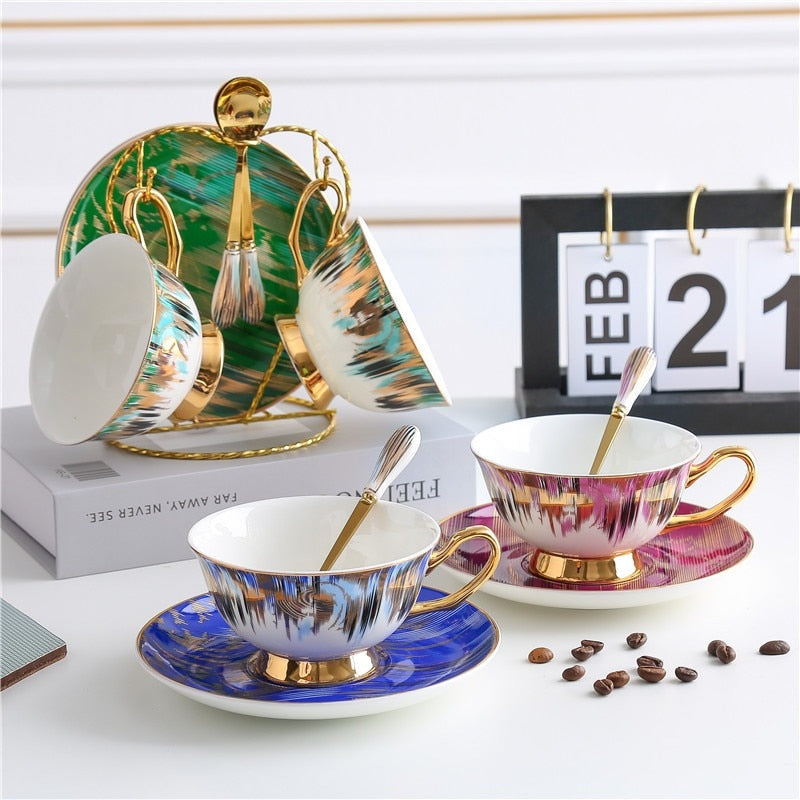 Magic of Aurora - Bone China Ceramic Coffee Cup Saucer Spoon Set
