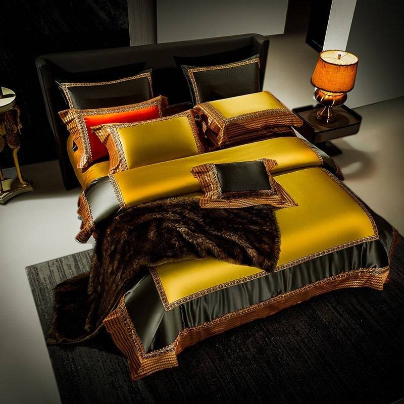 Chic Golden Silky Satin Egyptian Cotton Bedding Set - King, Queen & Double Size