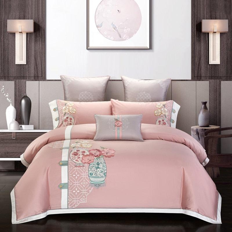 Chinoiserie Embroidery Egyptian Cotton Duvet Cover Bedding Set - Elegant & Floral