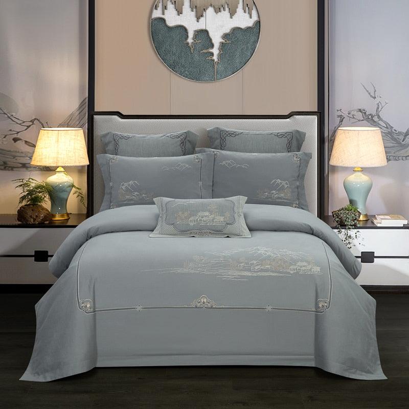 Chinoiserie Embroidery Egyptian Cotton Duvet Cover Bedding Set - Elegant & Floral