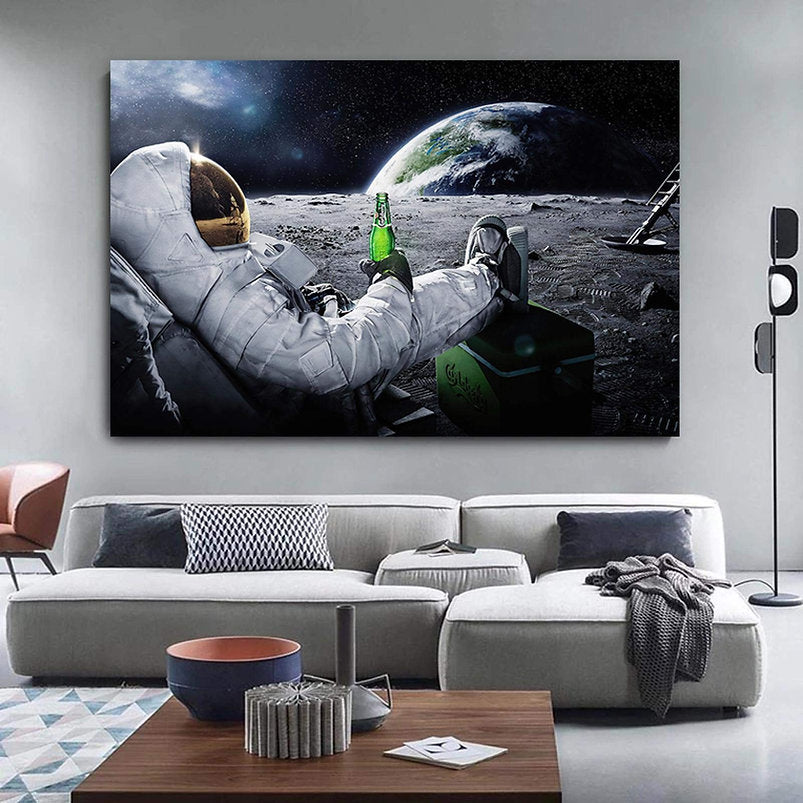 Cosmic Cheers: Astronaut's Beer Break on the Moon - Creative Art Wall Poster
