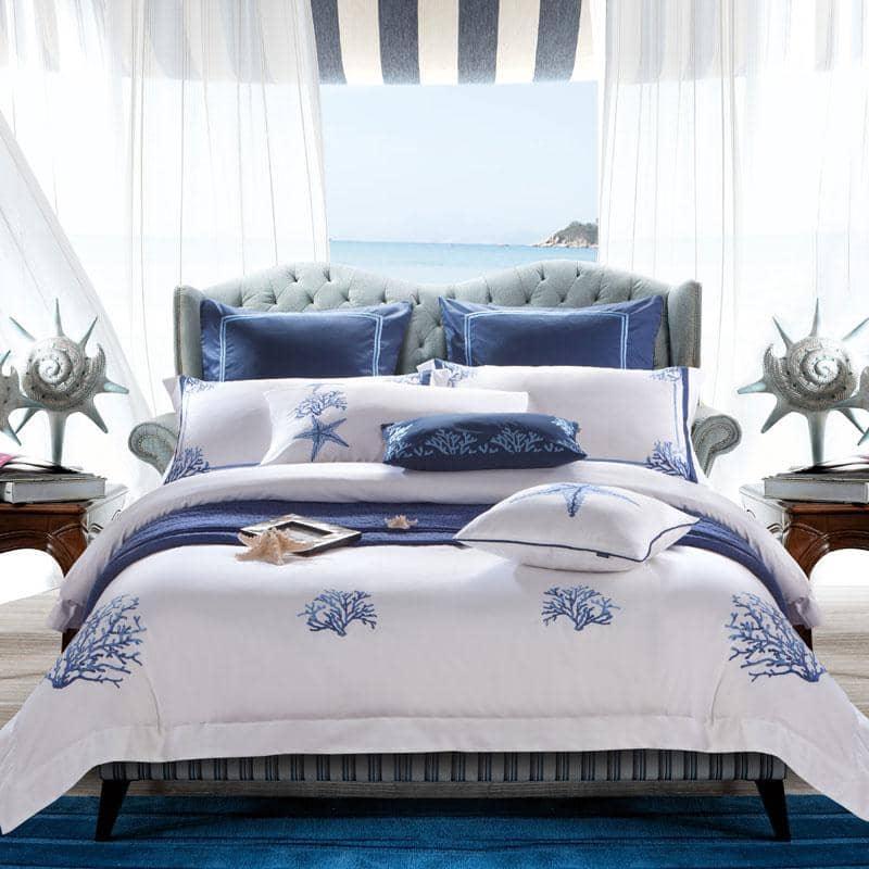 Egyptian Cotton Blue Embroidery Bedding Set - King/Queen Size with 4/6/10 Pieces