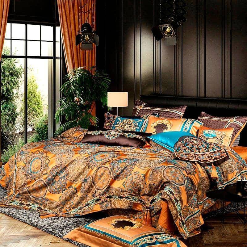 Egyptian Cotton Luxury Satin Jacquard Bedding Set - Golden Embroidery and Elegance