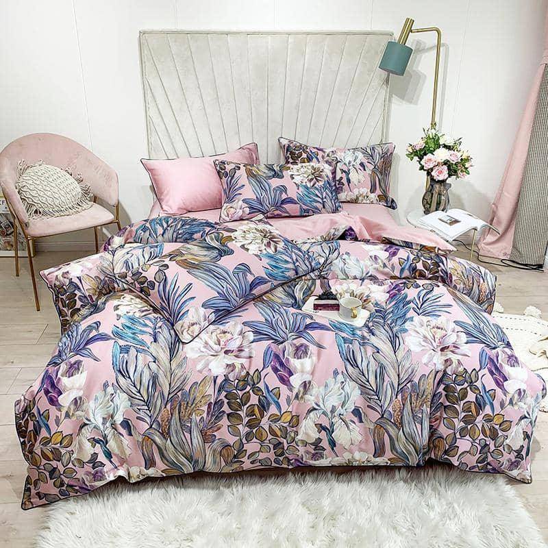 Egyptian Cotton Tropical Leaves Flowers Bedding Set - King/Queen Size with Vibrant Design