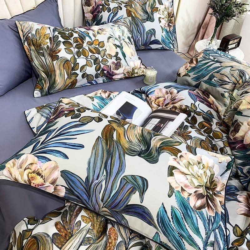 Egyptian Cotton Tropical Leaves Flowers Bedding Set - King/Queen Size with Vibrant Design