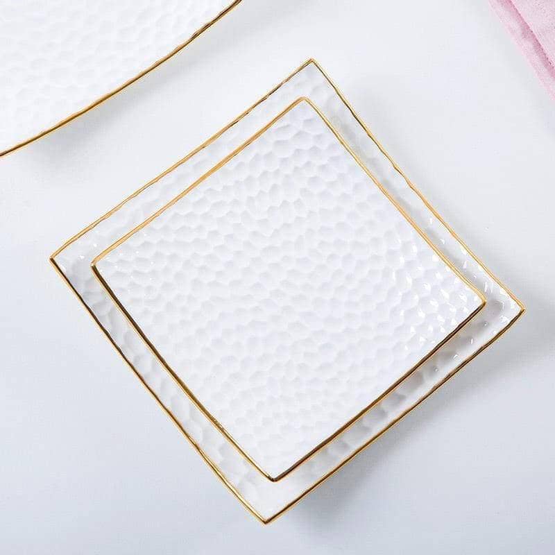 Embossed Gold Rim Ceramic Display Plate Set - Elegant Dining Dish Set