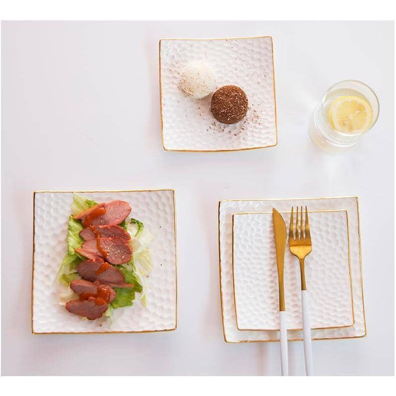 Embossed Gold Rim Ceramic Display Plate Set - Elegant Dining Dish Set