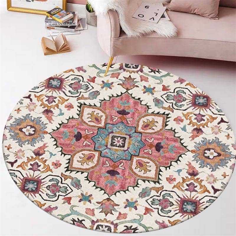Ethnic Flower Pattern Round Area Rug - Vibrant and Artistic Living Room Decor