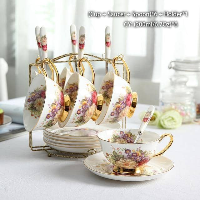 Europe Rose Coffee Bone China Tea Set - Elegant and Delicate Dining Collection