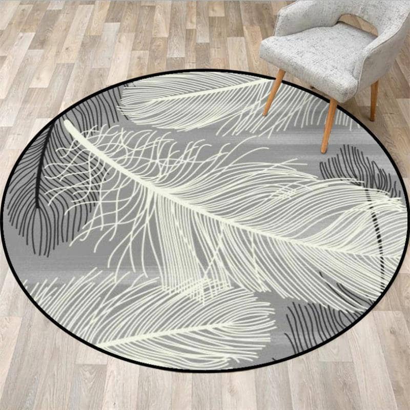 European Feather Pattern Round Area Rug - Soft and Elegant Living Room Decor