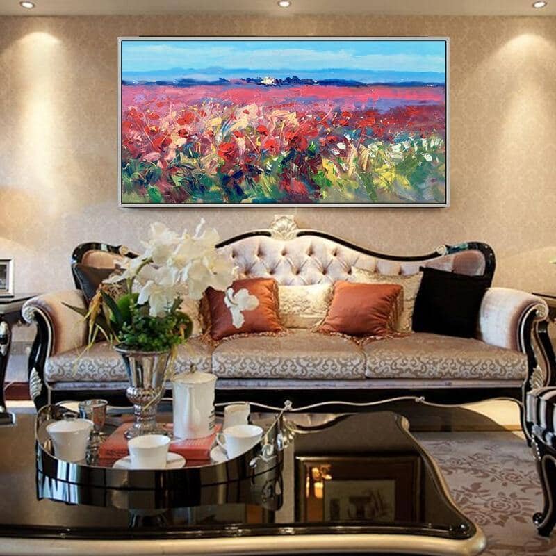 Experience the Beauty of Nature with Flower Field Art Wall Poster - Hand-painted on Canvas