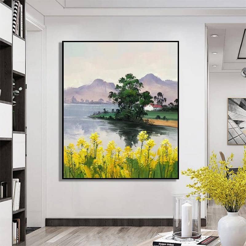 Hand-Painted Village Canvas Art: Artistic and Rustic Wall Poster
