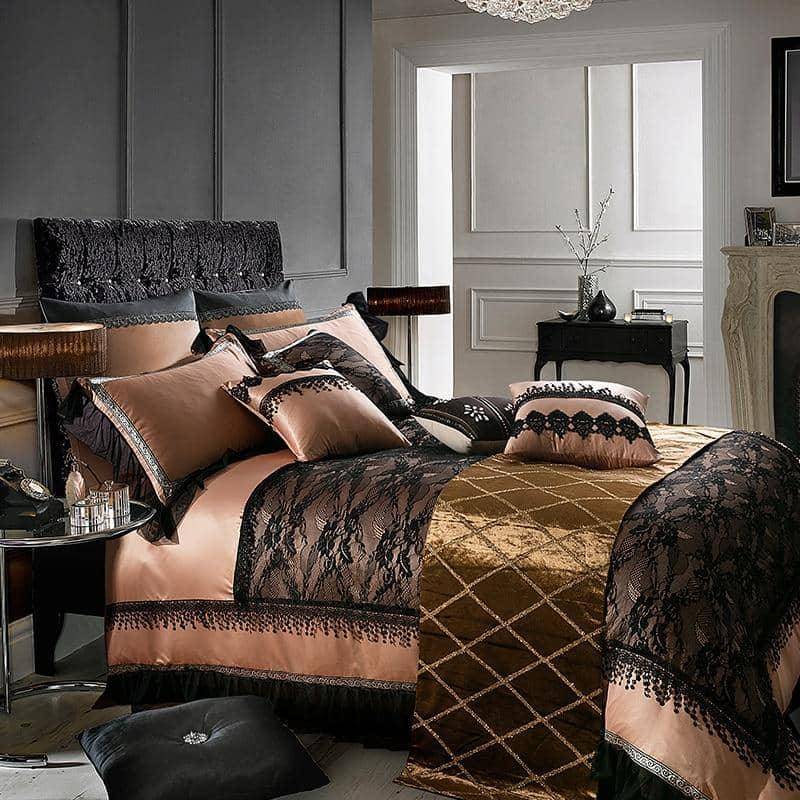 Personalized Luxury Silk Black Lace Queen and King Size Duvet Cover Bedding Set