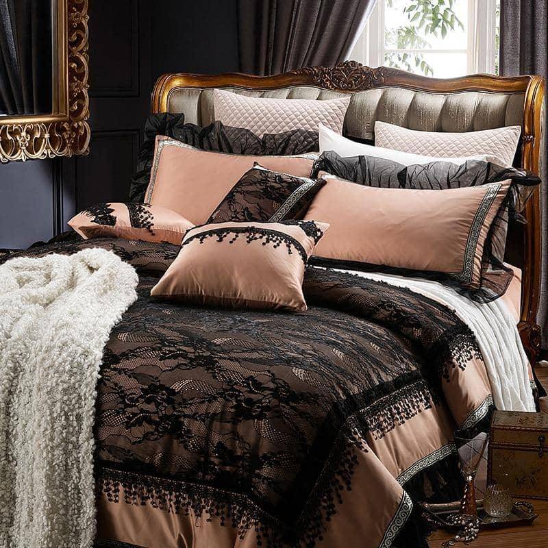 Personalized Luxury Silk Black Lace Queen and King Size Duvet Cover Bedding Set