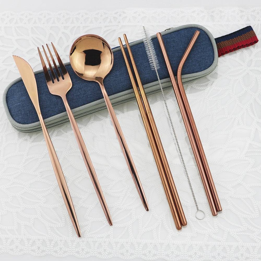 Portable Shiny Gold Travel Cutlery Set - Personalized Flatware