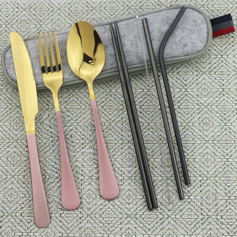 Portable Shiny Gold Travel Cutlery Set - Personalized Flatware