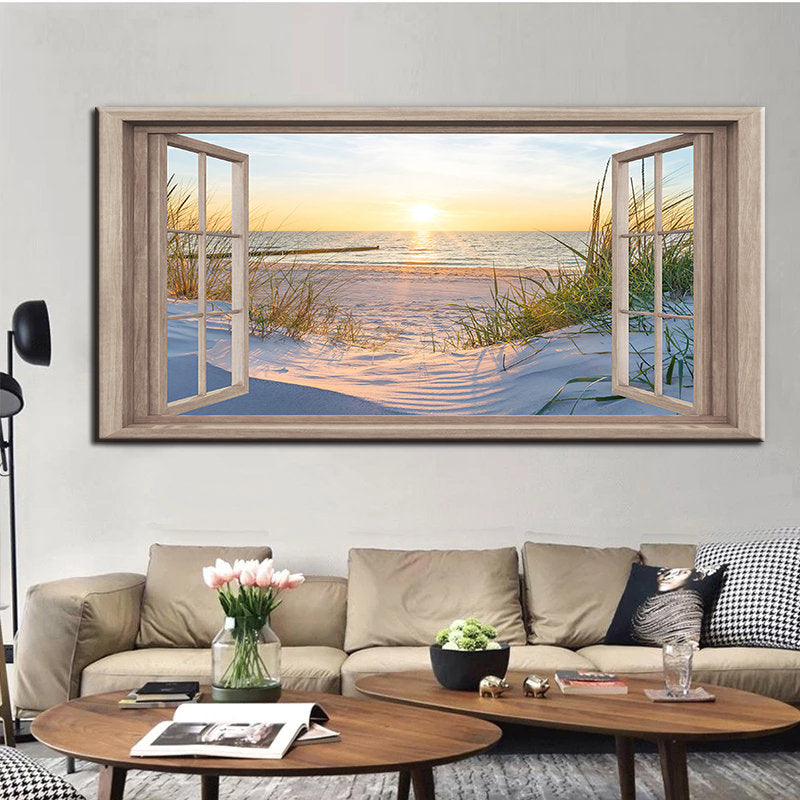 Seaside Escape: Window View of Breathtaking Beach and Sunset Wall Poster