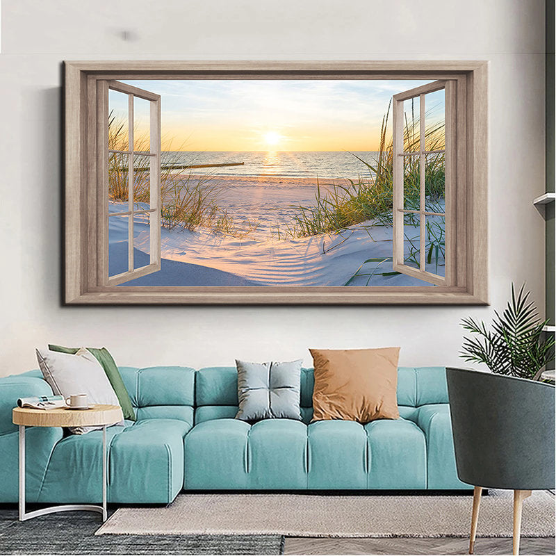 Seaside Escape: Window View of Breathtaking Beach and Sunset