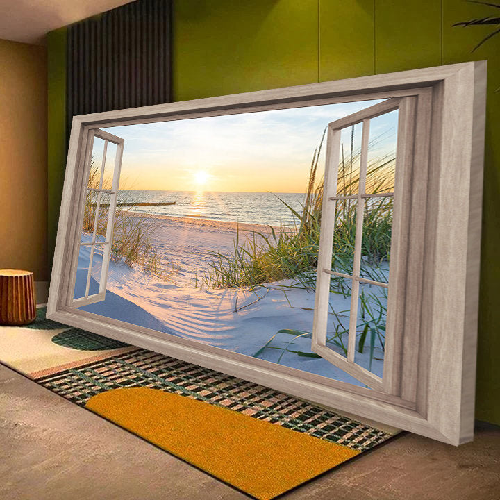 Seaside Escape: Window View of Breathtaking Beach and Sunset Wall Poster