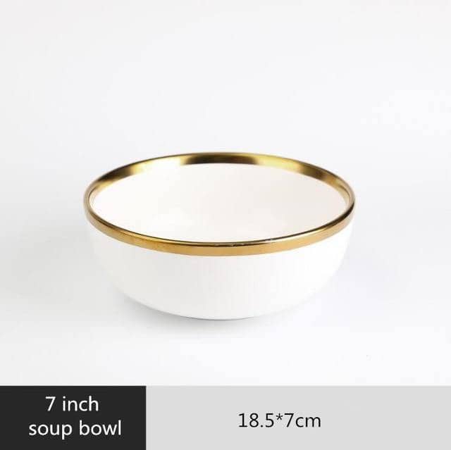 White Gilt Rim Ceramic Dining Plate & Bowl Set - Elegant & Stylish Tableware