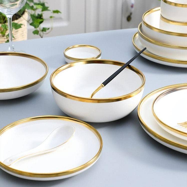 White Gilt Rim Ceramic Dining Plate & Bowl Set - Elegant & Stylish Tableware